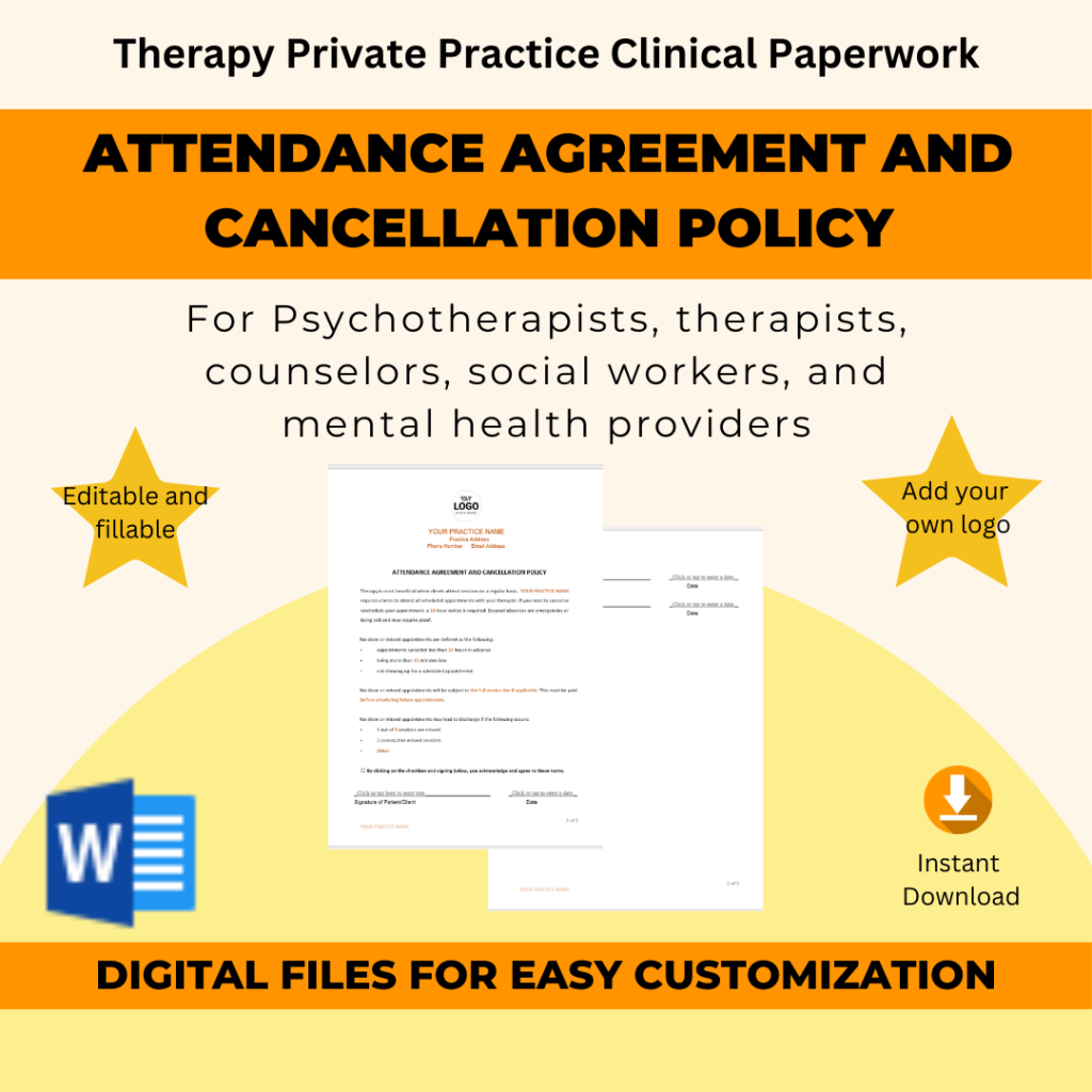 Attendance and Cancellation - Therapy Private Practice - Fillable Document - thumbnail for product