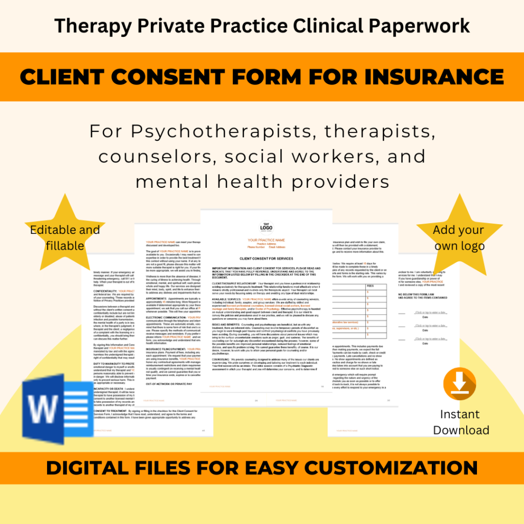 Consent Form for Insurance - Therapy Private Practice - Fillable Document - Thumbnail for product