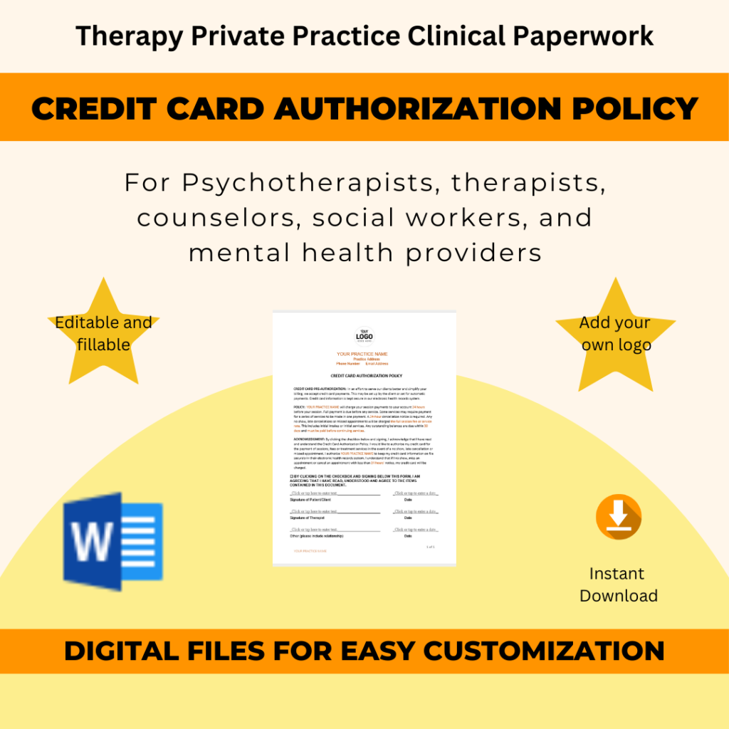 Credit Card Authorization Form - Therapy Private Practice - Fillable Document - Thumbnail for Product
